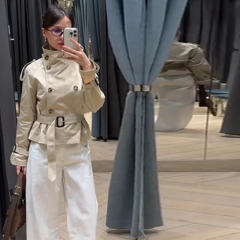 Damen modische Kurztrenchjacke mit doppelter Knopfreihe und Taillengürtel Drune
