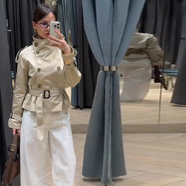 Damen modische Kurztrenchjacke mit doppelter Knopfreihe und Taillengürtel Drune