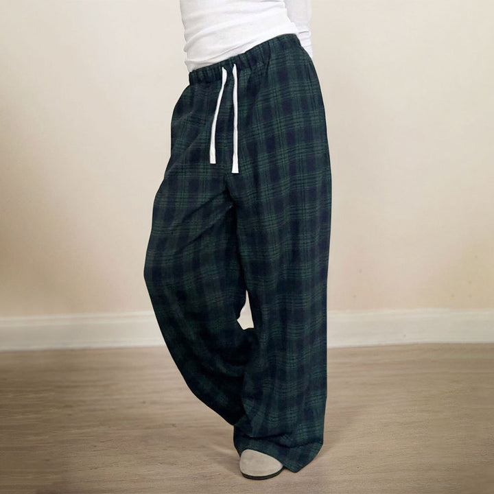 Damen lässige Karohose mit elastischem Bund und verstellbarem Kordelzug Drune