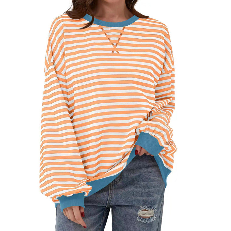 Damen Cozy Übergroßer Gestreifter Pullover Sweatshirt Drune