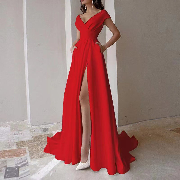 Damen Elegantes Cocktailkleid mit tiefem V-Ausschnitt und geschwungenem Saum Drune