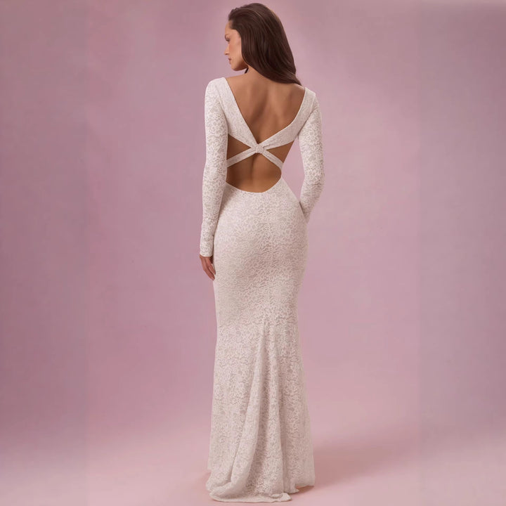 Damen Elegantes Spitzen-Maxikleid mit taillierter Silhouette und langem Arm Drune