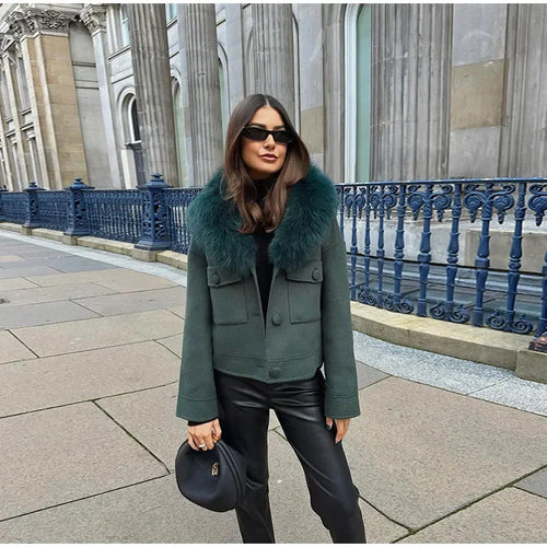Damen stylische Winterjacke mit abnehmbarem Kunstfellkragen Drune