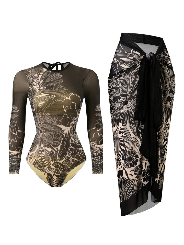 Damen Badeset mit floralem Langarm-Oberteil und raffiniertem Wickelrock Drune