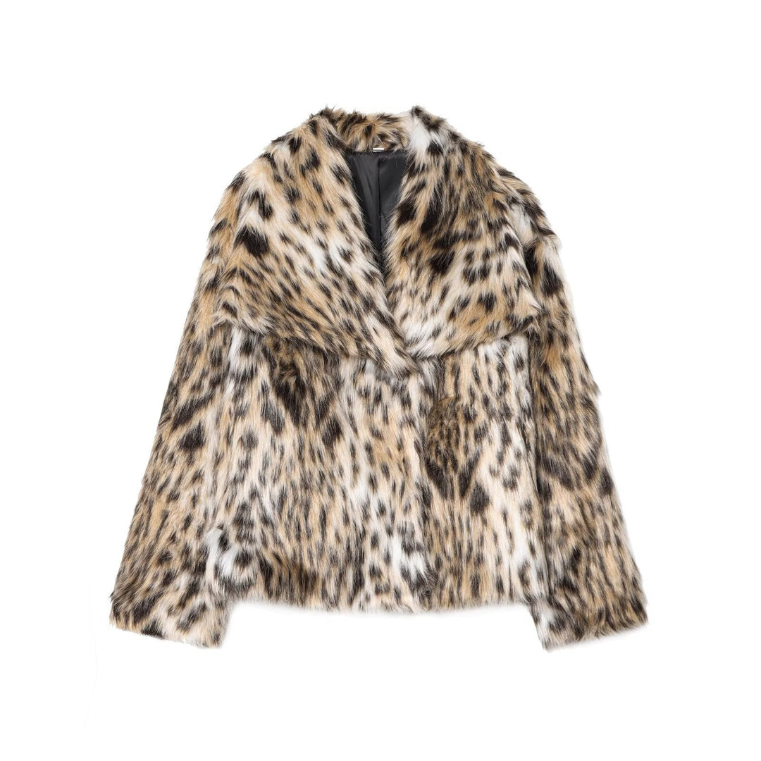 Damen nan kurze Kunstfelljacke mit Wildmuster, V-Ausschnitt und taillierter Silhouette Drune