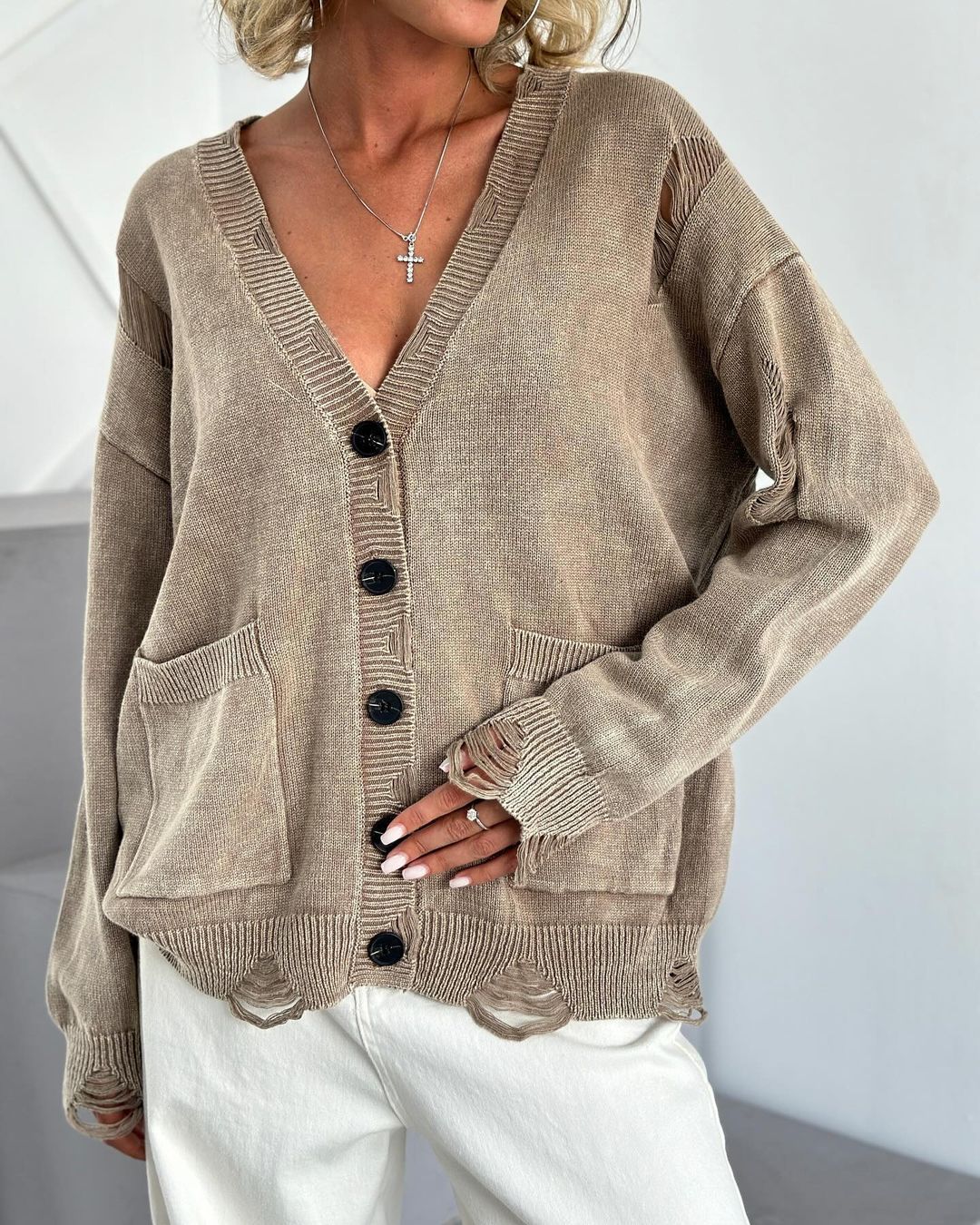 Damen lässiger Oversized-Pullover mit V-Ausschnitt und Taschen Drune
