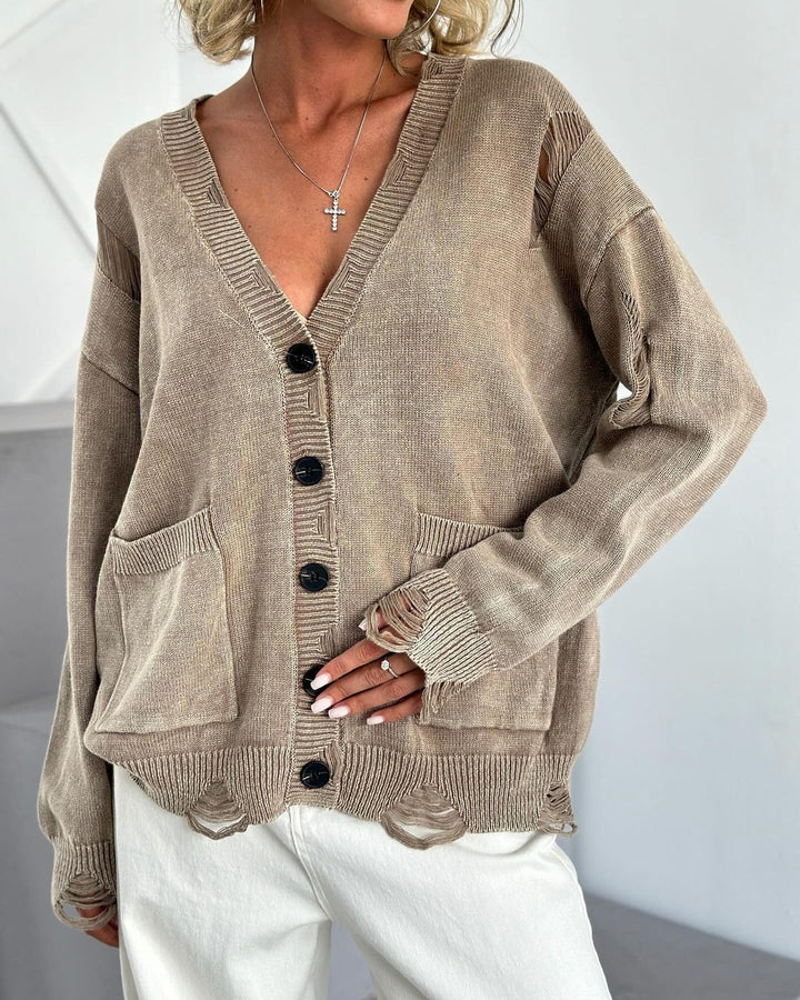 Damen lässiger Oversized-Pullover mit V-Ausschnitt und Taschen Drune