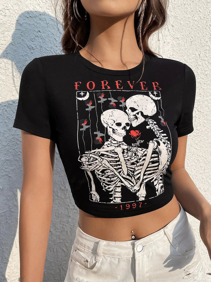 Damen Crop-T-Shirt mit kreativem Schriftzug Drune