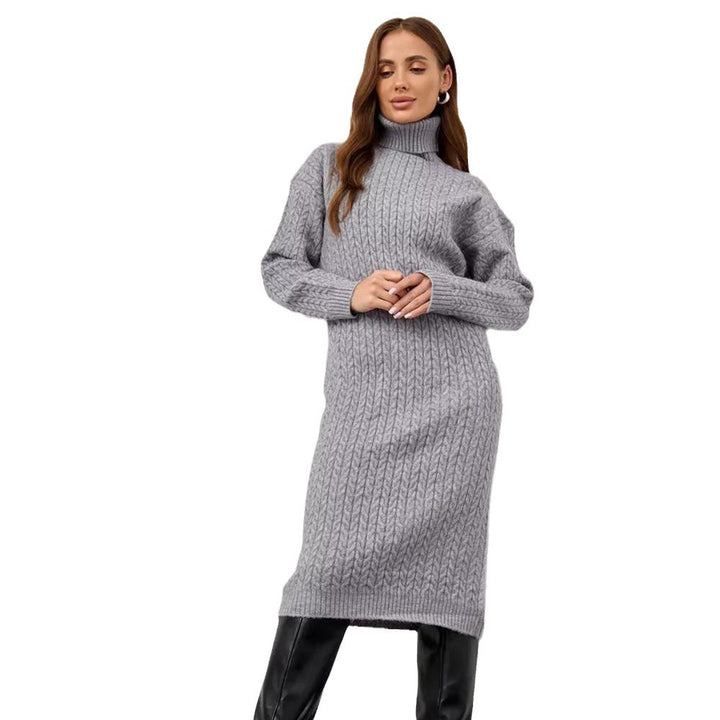 Damen Strickkleid mit hohem Kragen und Zopfmuster Drune