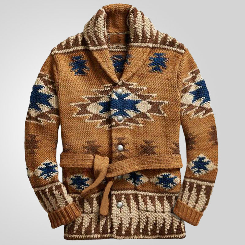 Damen Strickjacke mit beeindruckendem geometrischem Muster und integriertem Gürtel Drune