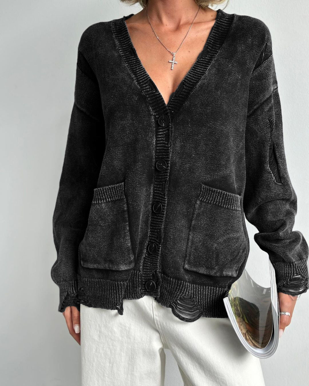 Damen lässiger Oversized-Pullover mit V-Ausschnitt und Taschen Drune