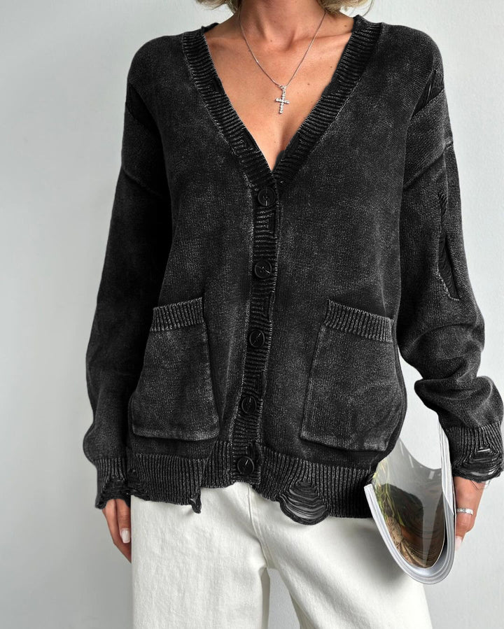 Damen lässiger Oversized-Pullover mit V-Ausschnitt und Taschen Drune