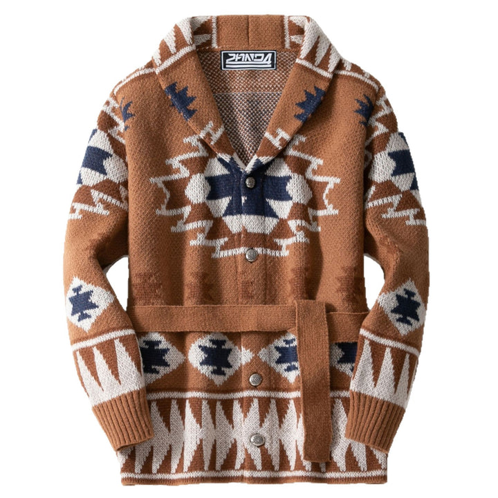Damen Strickjacke mit geometrischem Muster und Gürtel Drune