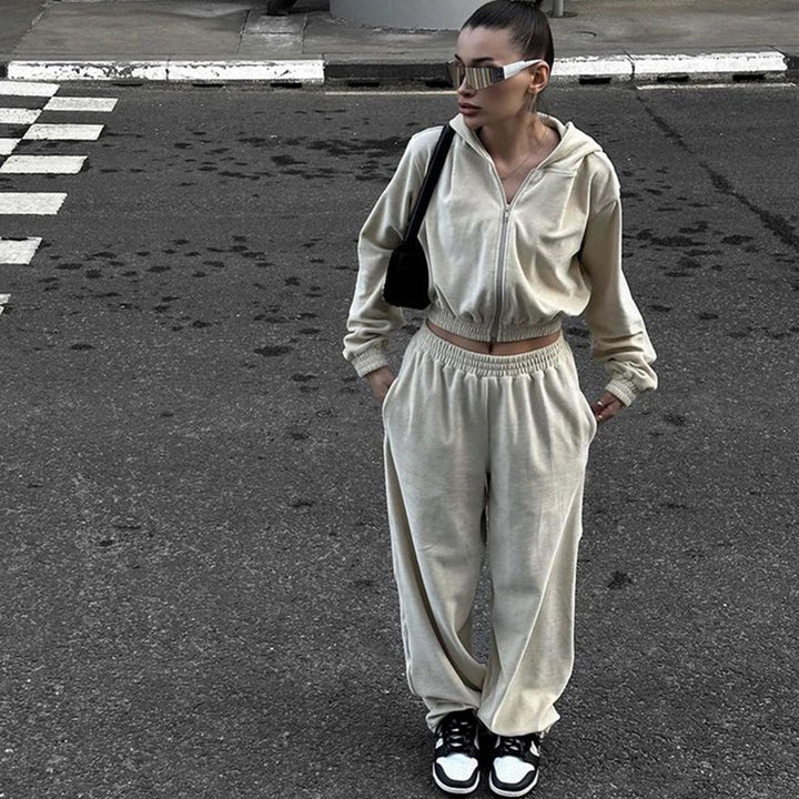 Damen nan Samt-Trainingsanzug zweiteilig mit cropped Kapuzenjacke und hoher Taille Jogginghose Drune