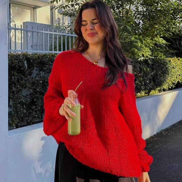 Damen oversized Strickpullover mit offenen Schultern und voluminösen Ärmeln Drune