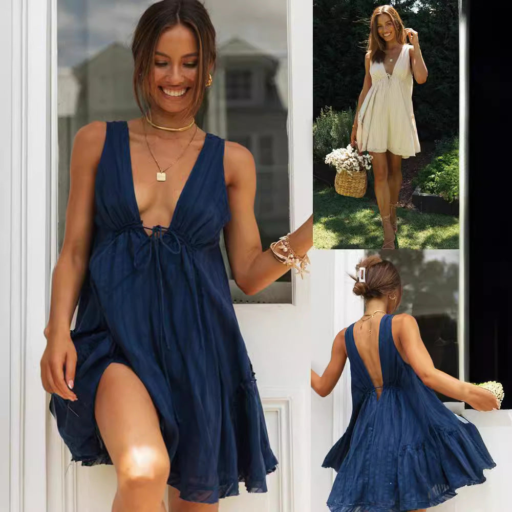 Damen Freizeitleichtkleid mit tiefer Vorderansicht und Bindeband Drune