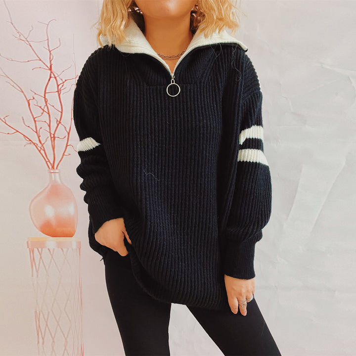 Damen lässiger Strickpullover mit Stehkragen und dekorativen Streifen Drune