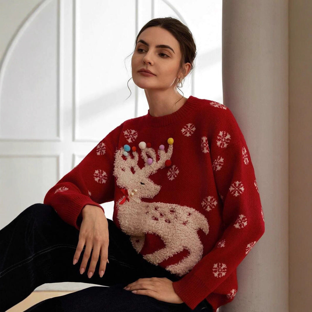 Damen Kuscheliger Weihnachtspullover mit 3D-Rentiermotiv und buntem Dekor Drune