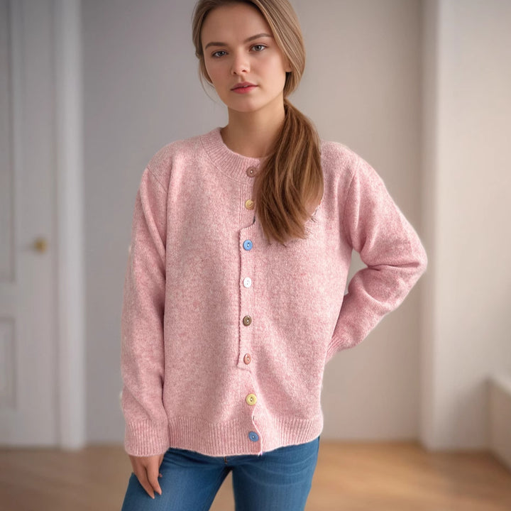 Damen kuschelige Strickjacke mit bunten Knopfdetails Drune