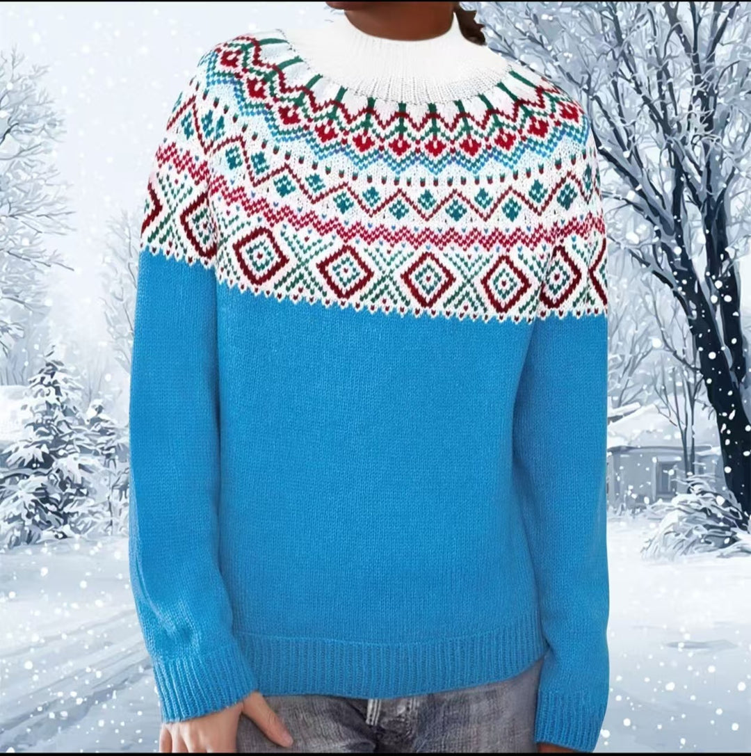 Damen nan melierter Rundhalsausschnittpullover mit kreisförmigem Jacquard-Yoke und geripptem Saum Drune