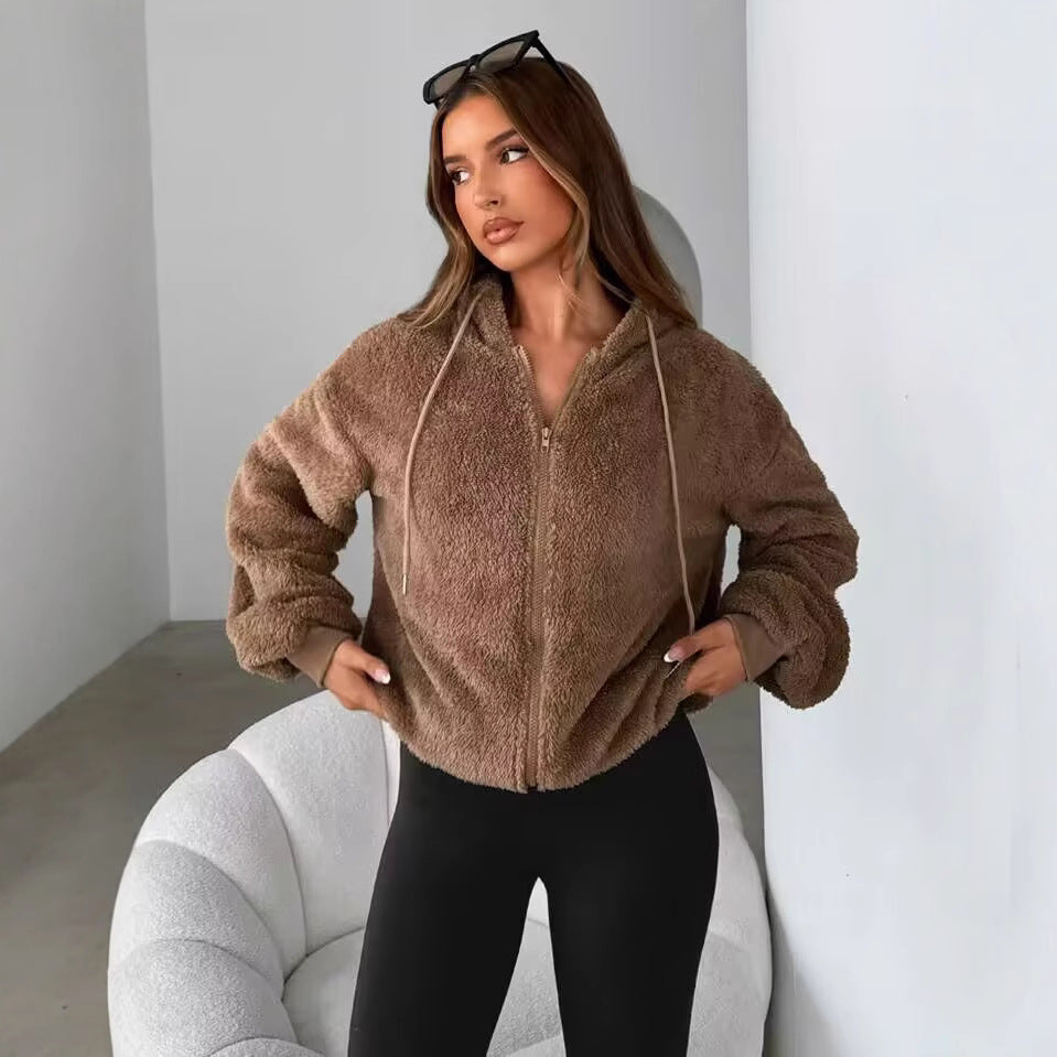 Damen Teddy-Fleecejacke mit Kapuze und elastischen Bündchen Drune