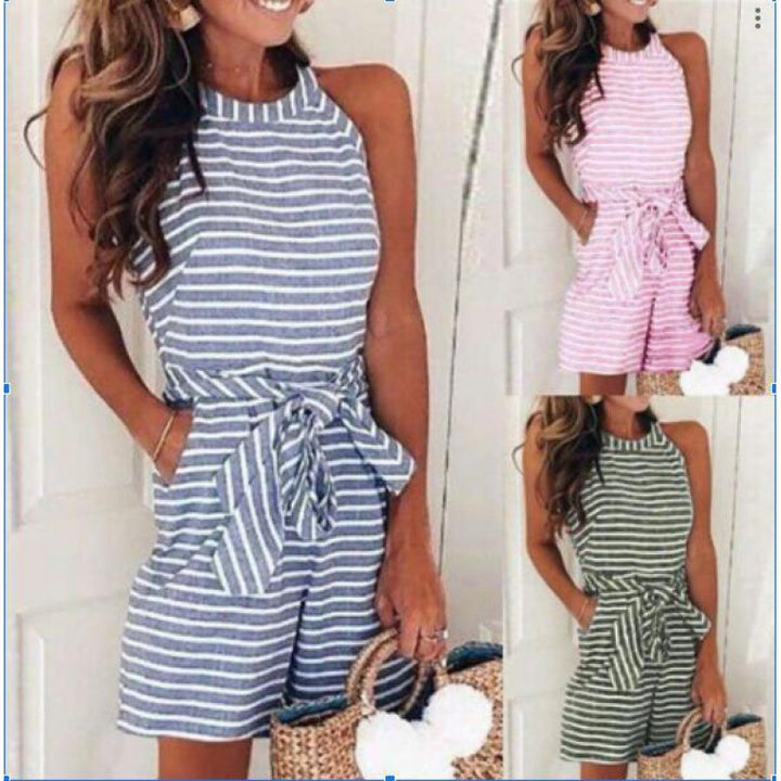 Damen Jumpsuit mit Bindegürtel und gestreiftem Design Drune