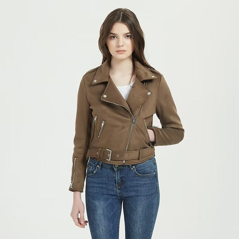 Damen stylische Bikerjacke im eleganten Wildleder-Look mit praktischen Taschen Drune