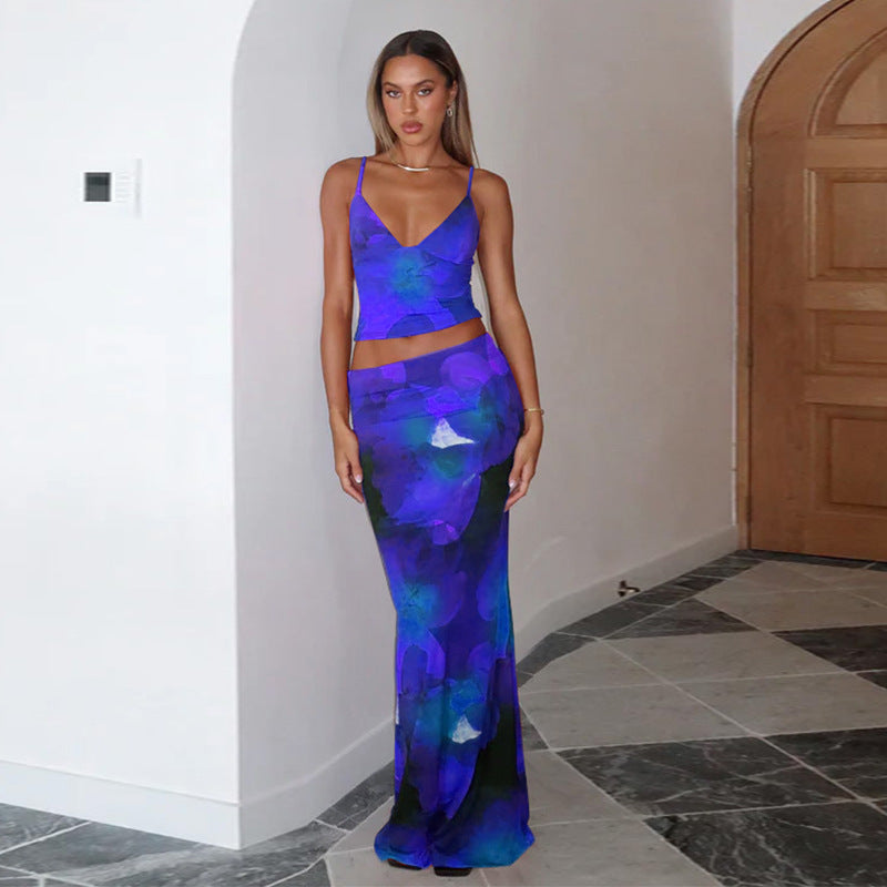 Damen Elegantes Maxikleid mit floralem Muster und Spaghetti-Trägern Drune