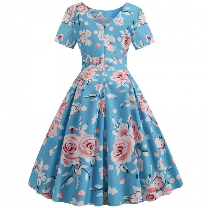 Damen A-Linien Kleid mit floralem Muster und schwingendem Rock Drune