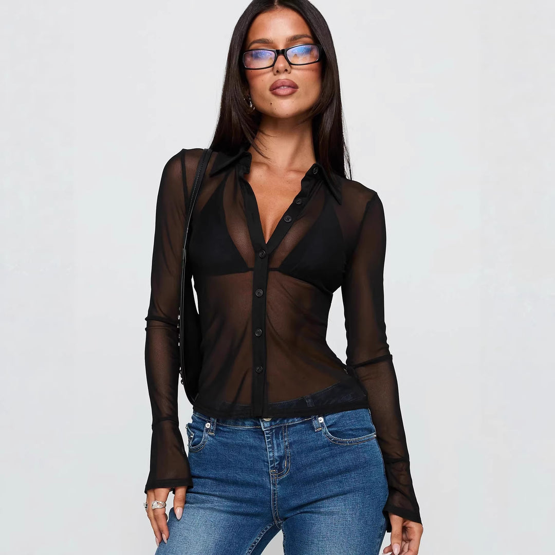 Damen Transparente Bluse mit sexy Design und feinen Knopfdetails Drune