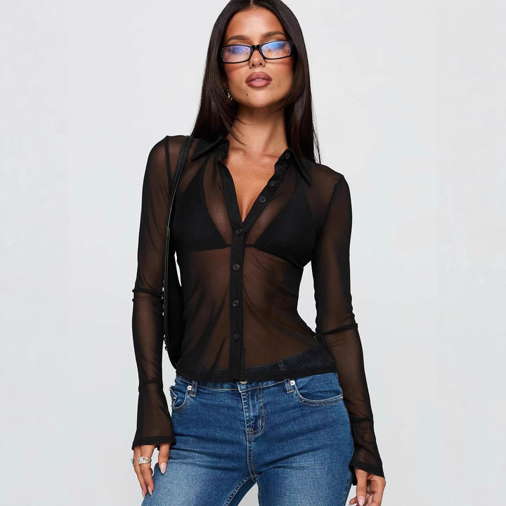 Damen Transparente Bluse mit sexy Design und feinen Knopfdetails Drune