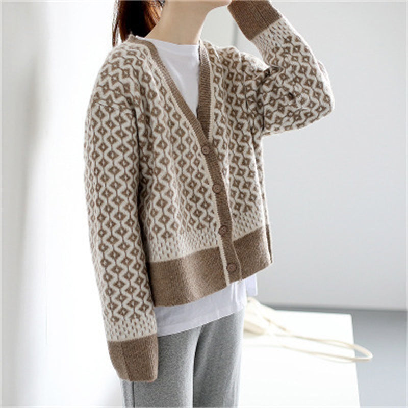 Damen elegante Strickjacke mit geometrischem Muster und Knopfdetails Drune