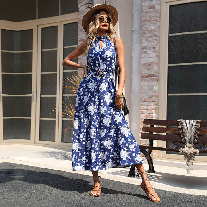 Damen Maxi-Kleid mit elegantem Blumenmuster und modischem Taillengürtel Drune
