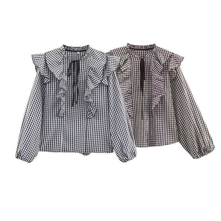 Damen Rüschenshirt mit klassischen Karomuster und eleganten Bindebändern Drune