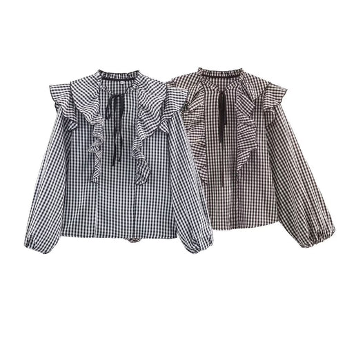 Damen Rüschenshirt mit klassischen Karomuster und eleganten Bindebändern Drune