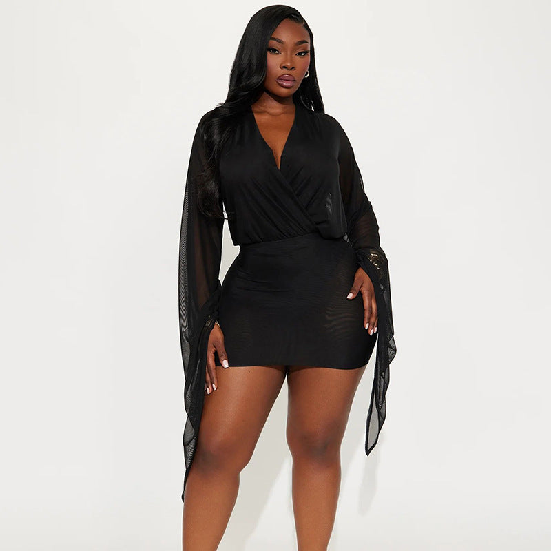 Damen Wickelkleid mit transparenten Ärmeln Drune