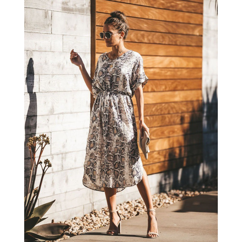 Damen Midikleid mit Schlangeprints und taillierten Gummizug Drune