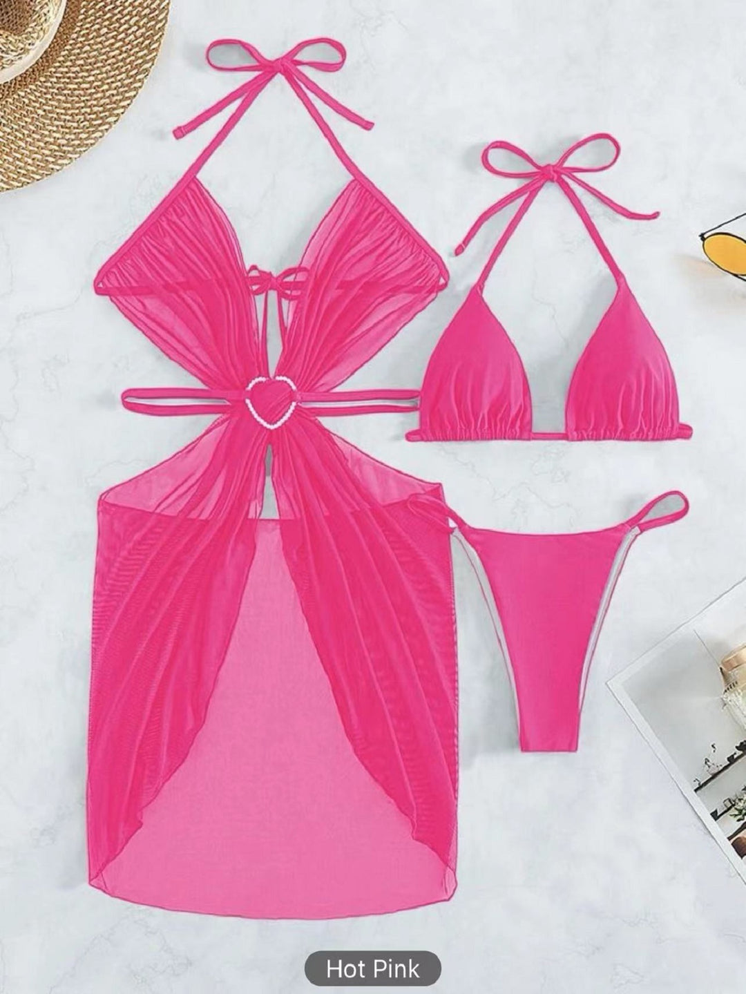 Damen Bikini-Set mit verspieltem Herzdesign und transparentem Überwurf Drune
