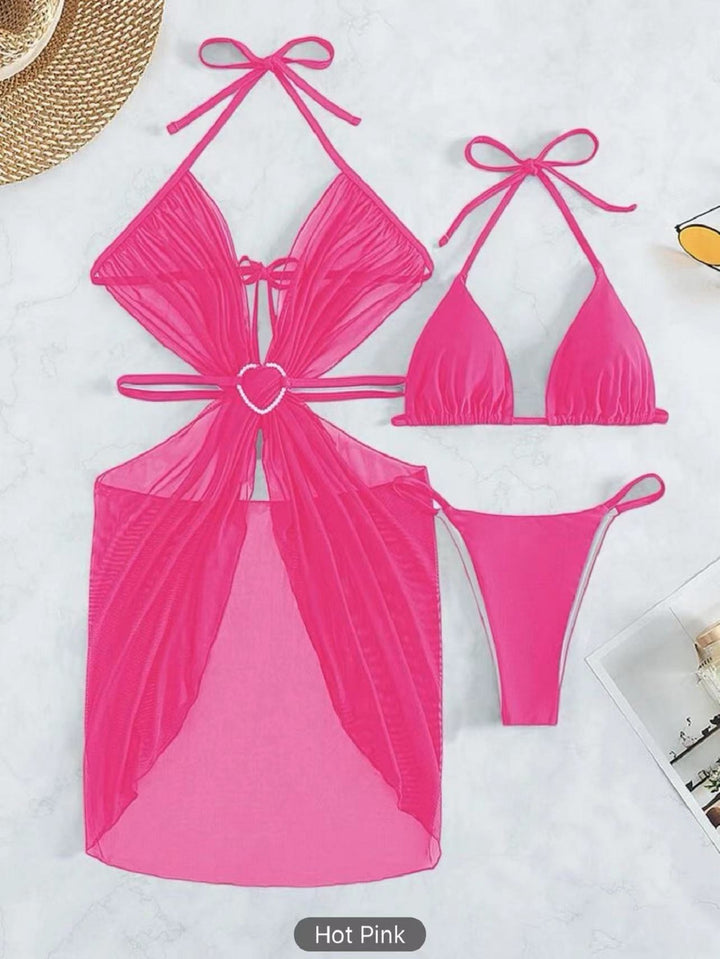 Damen Bikini-Set mit verspieltem Herzdesign und transparentem Überwurf Drune