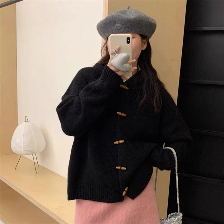 Damen lässiger Strickhoodie mit dekorativen Knöpfen Drune