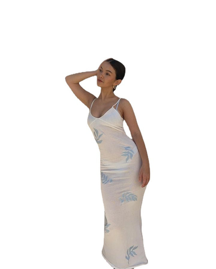 Damen figurbetontes Midikleid mit floralem Muster und Spaghettiträgern Drune