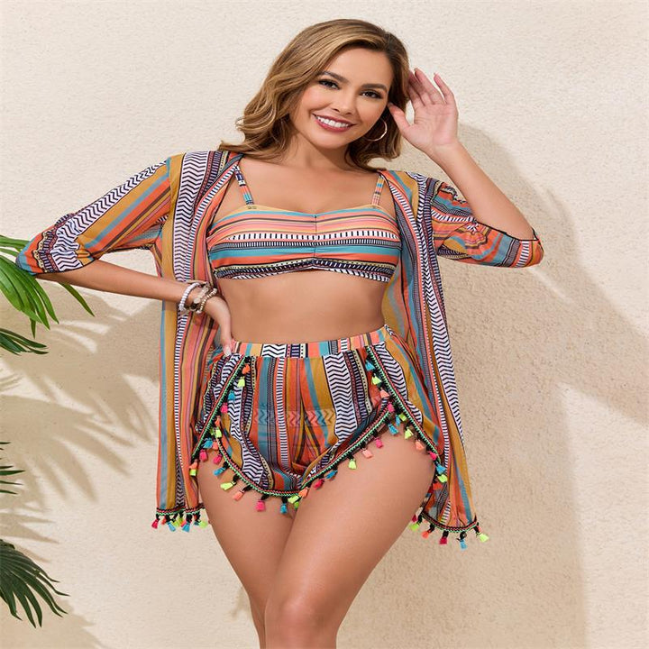 Damen Bikini-Set mit asymmetrischem Schnitt und buntem Quasten-Design Drune