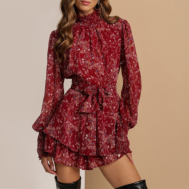 Damen Minikleid mit Rüschen-Details und hohem Kragen Drune