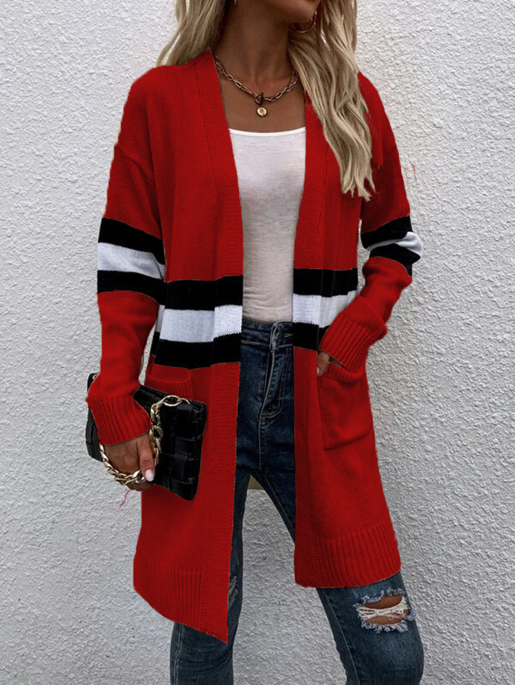 Damen Strickcardigan mit sportlichen Streifen und offenen Taschen Drune