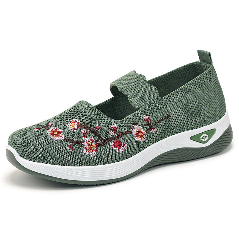 Damen nan bestickter Komfort-Ballerina mit elastischem Mary-Jane-Riemen, atmungsaktivem Strickoberteil und stoßdämpfender EVA-Keilsohle Drune
