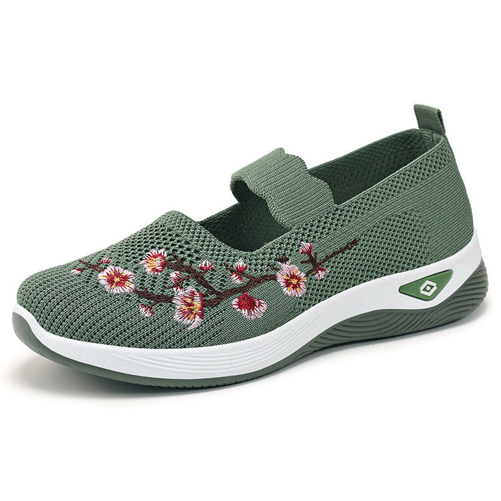 Damen nan bestickter Komfort-Ballerina mit elastischem Mary-Jane-Riemen, atmungsaktivem Strickoberteil und stoßdämpfender EVA-Keilsohle Drune