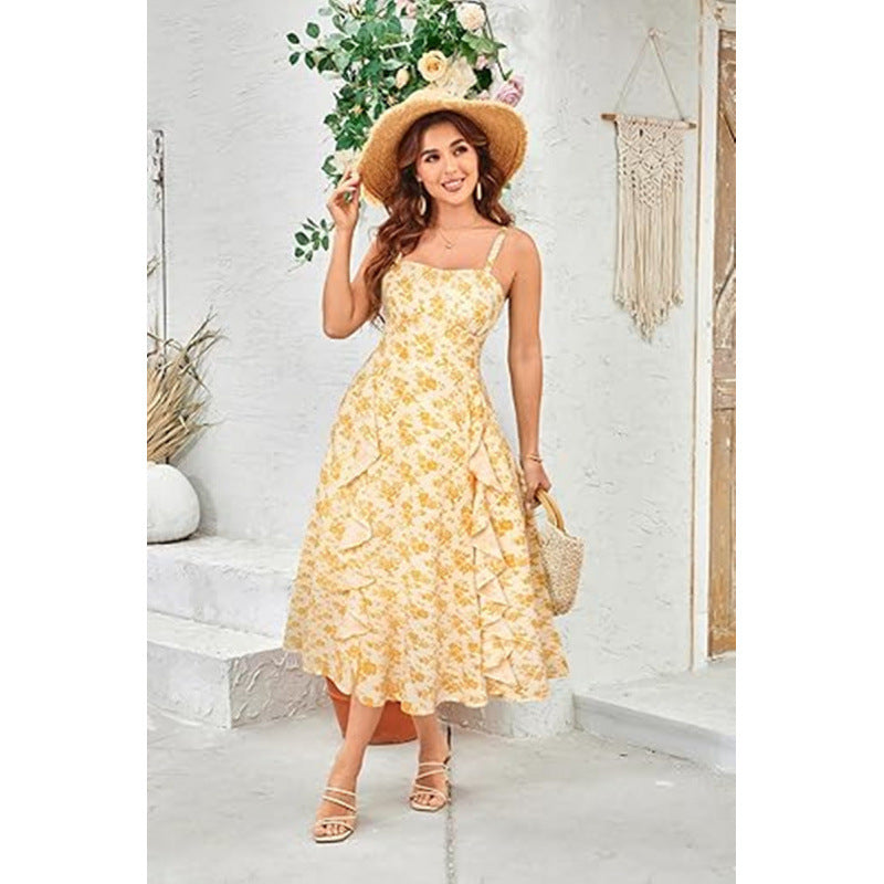 Damen Freizeitmaxikleid mit zarten Rüschendetails und floralem Design Drune
