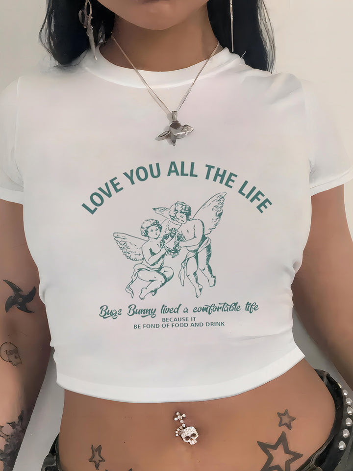 Damen Crop-T-Shirt mit modernem Grafiken-Aufdruck Drune