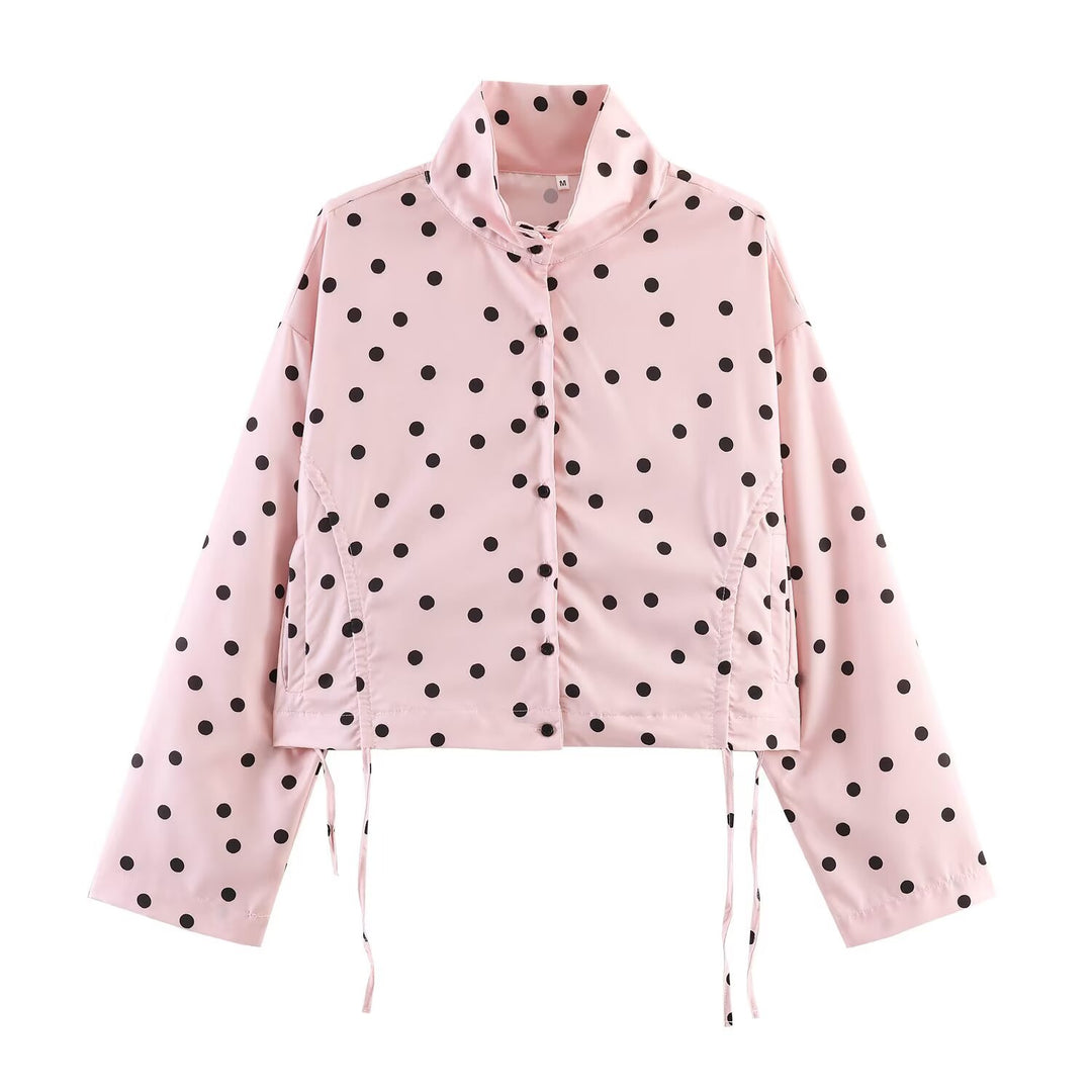 Damen nan kurz geschnittene gepunktete Regenjacke mit Stehkragen, Druckknopfleiste und Kordelzug Drune