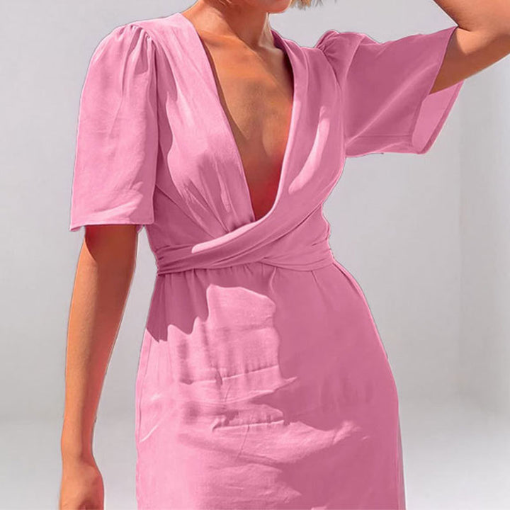Damen Maxikleid mit tiefem V-Ausschnitt und Puffärmeln Drune